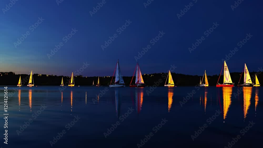 Poster sailing at sunset on a calm lake with colorful boats creating a serene atmosphere
