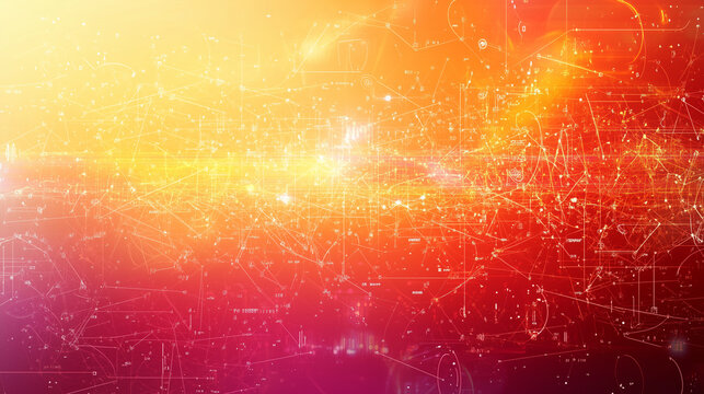 Mathematics and Statistics Awareness Month, background with orange to pink color gradient, full of abstract patterns in the form of lines and dots resembling a data network, Ai generated images