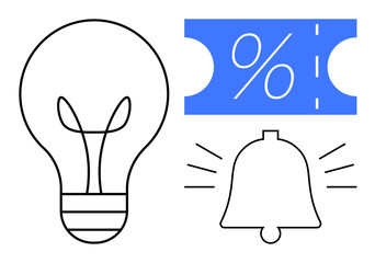 Light bulb outline, blue coupon with percentage symbol, ringing bell. Ideal for notifications, discounts, sales alerts, ideas, marketing promotions and updates. Abstract line flat metaphor
