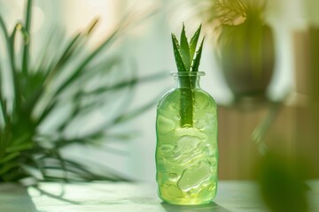 Fresh aloe vera leaf in a glass bottle with transparent gel on a blurred background