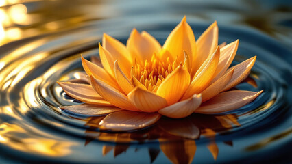 Aldrovanda vesiculosa water lily radiant in golden hues, floating serenely on water.