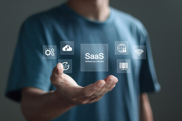 SaaS, software as a service concept, software services on cloud system, Internet and networking...