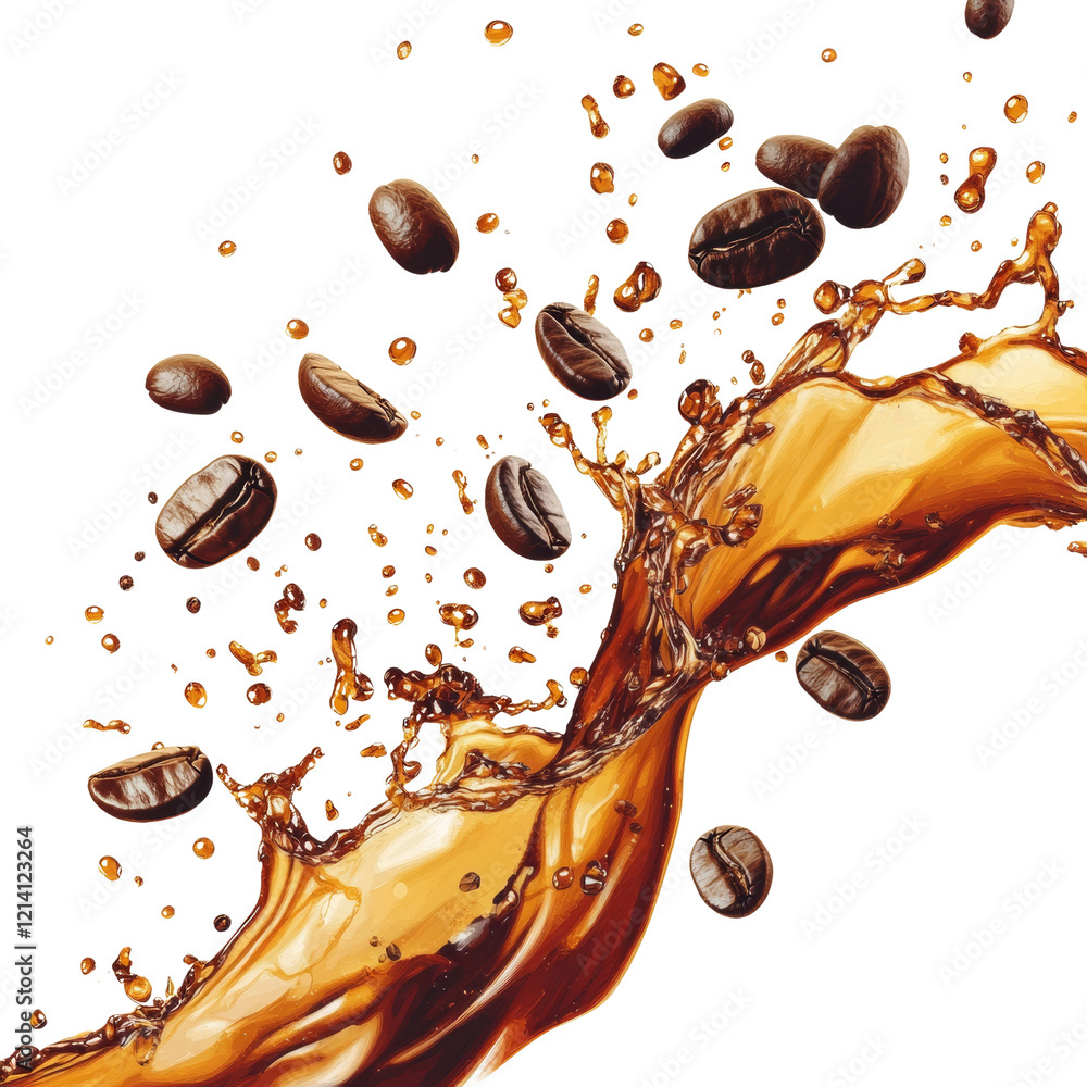 Poster a dynamic image showcasing a splash of coffee with numerous coffee beans suspended in the air agains