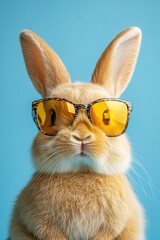 Cute bunny with golden sunglasses on light blue background close up studio shot portrait