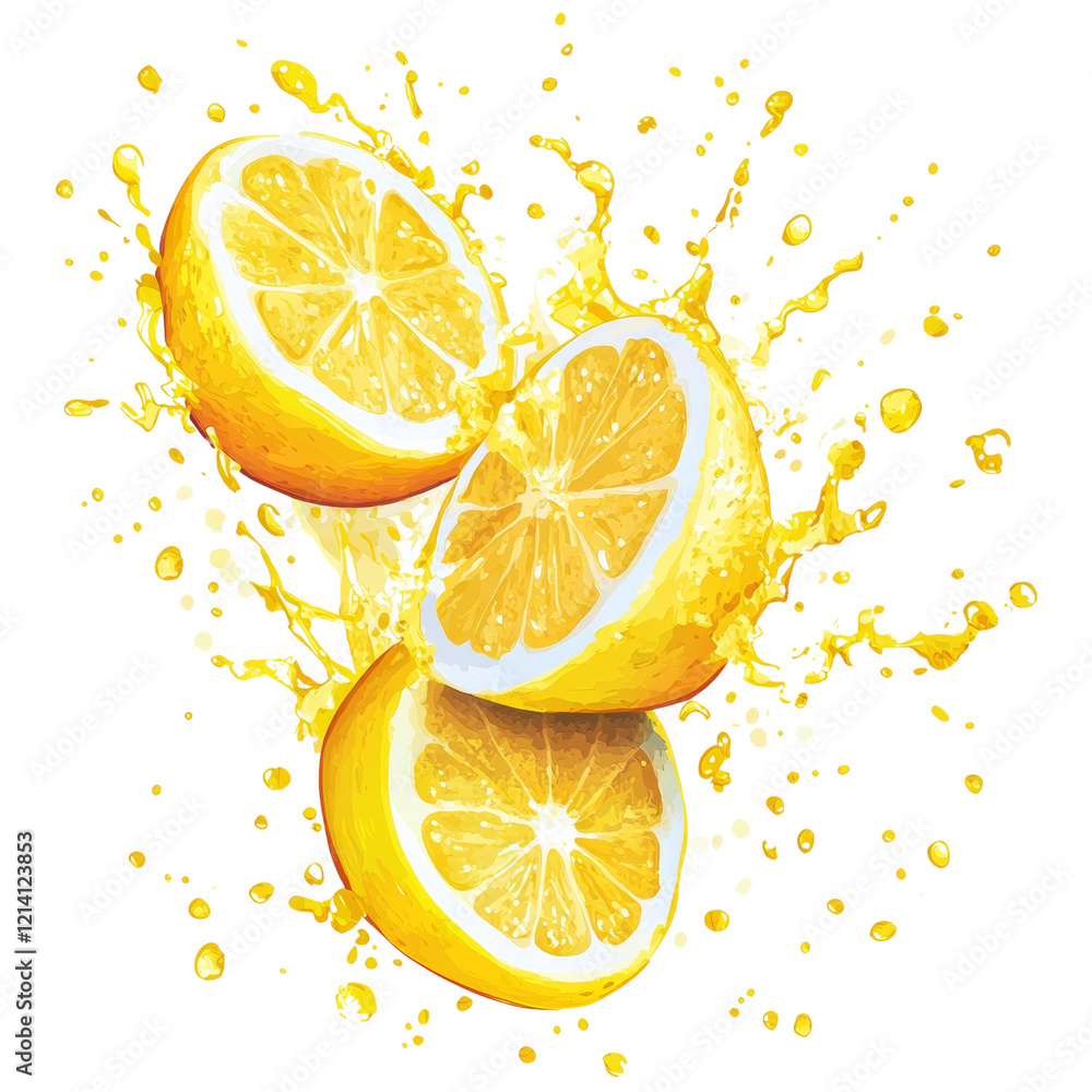 Poster The image shows three lemon halves with juice splashing around them against a black background, showcasing the vibrant color and freshness of the fruit.