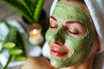 Woman is enjoying a treatment at the spa, with a clay mask on her face and aloe vera in the background