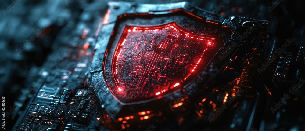 Poster digital shield with glowing red circuits on dark background representing data protection