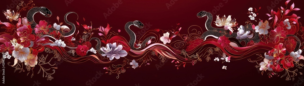 Poster elegant pattern featuring intricate snake silhouettes and floral elements on a deep red background