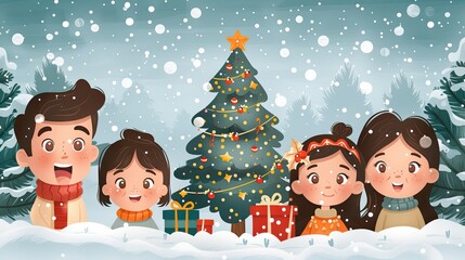 Fototapeta premium A Christmas tree unites a lonely family in this warm flat design holiday illustration
