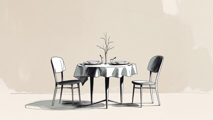 Hand drawn dinner table illustration. Sketch