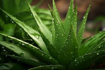 Vibrant green aloe vera plant glistening with water droplets, showcasing its medicinal and skincare properties