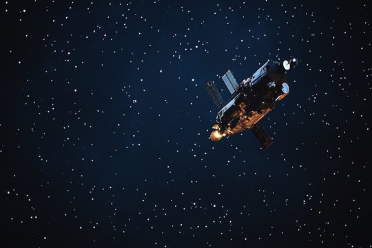 Spacecraft orbiting Earth, starry backdrop, propulsion firing, space exploration