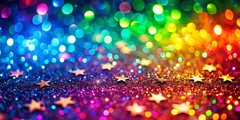 Naklejka premium Sparkling stars are scattered across a vibrant background filled with various shades of colors, creating a festive and cheerful ambiance perfect for joyful occasions