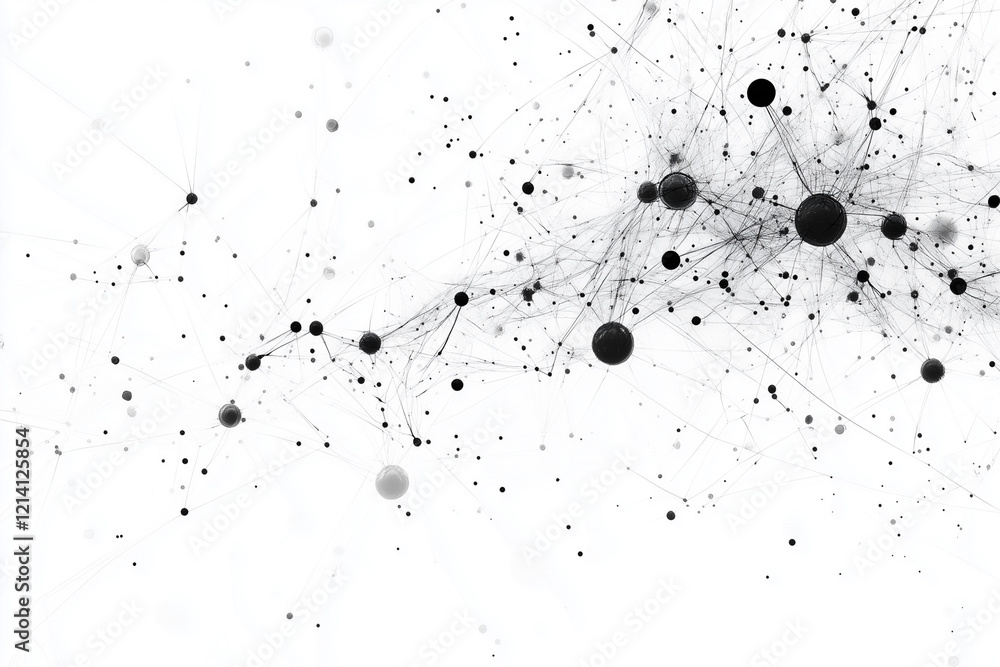 Poster black and white image of a galaxy with many dots scattered throughout. the dots are of varying sizes