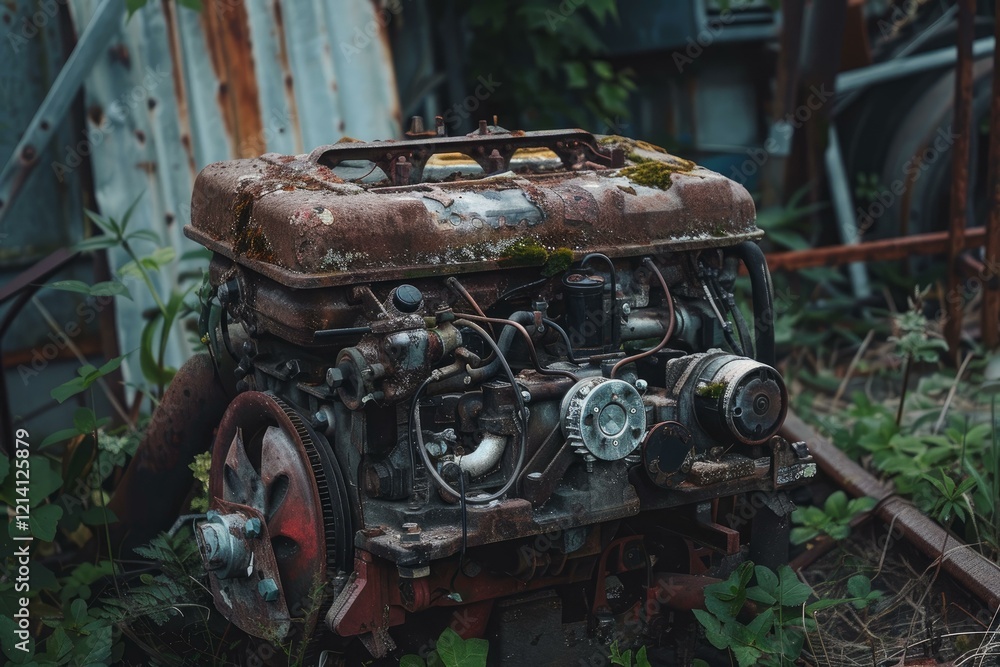 Poster old rusty engine is being reclaimed by nature as it sits in a junkyard