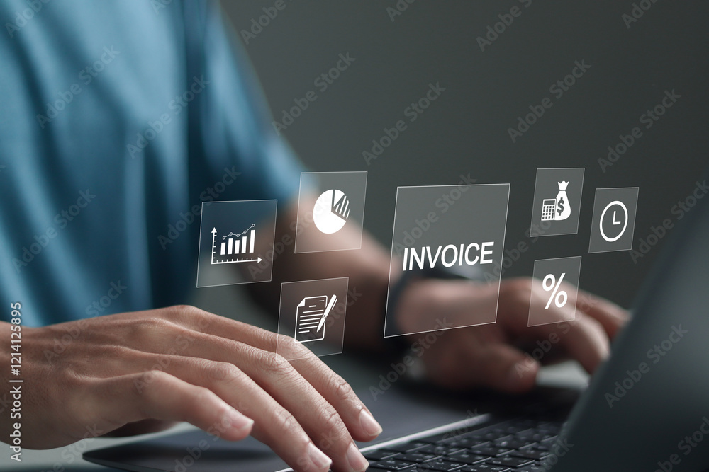 Poster e-invoice and online digital statements concept. person using computer laptop with invoice icons on 