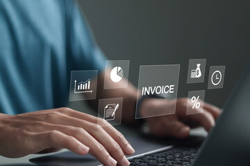 E-invoice and online digital statements concept. Person using computer laptop with invoice icons on virtual screen.