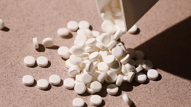Sugar substitute, sweetener pills pouring. Food supplement. Diabetic, over weight, health concept. Slow motion, macro shoot