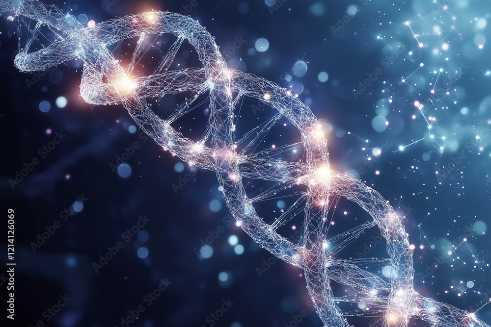 Poster dna strand is shown in a blue background with a lot of sparkles. the strand is made up of many small