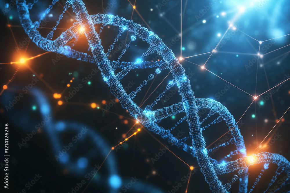 Poster dna strand is shown in a blue and orange color scheme. the strands are connected to each other in a 