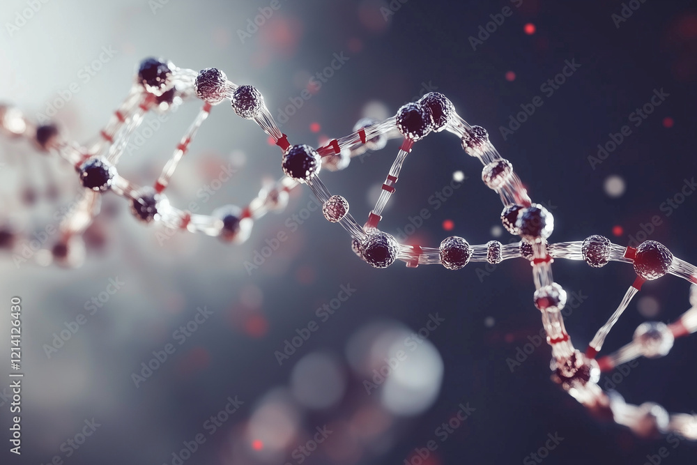 Poster close up of a dna strand with red and white beads. the beads are arranged in a spiral pattern, and t