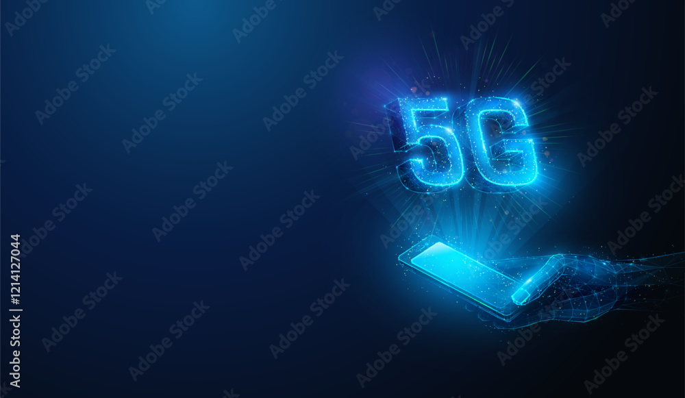 Poster abstract illustration of low poly 5g wireless mobile network smartphone in hand. blue geometric back