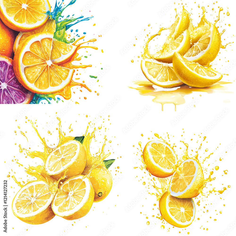 Poster The image showcases four vibrant illustrations of lemons and lemon slices with juice splashing, creating a dynamic and colorful display.