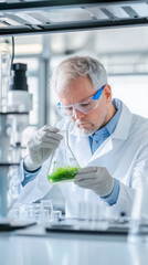 Fototapeta premium Scientific exploration in the laboratory: researcher carefully examines chemical reaction in beaker