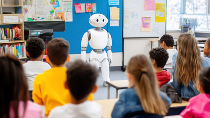 Humanoid robot engaging with diverse classroom of children for educational purpose