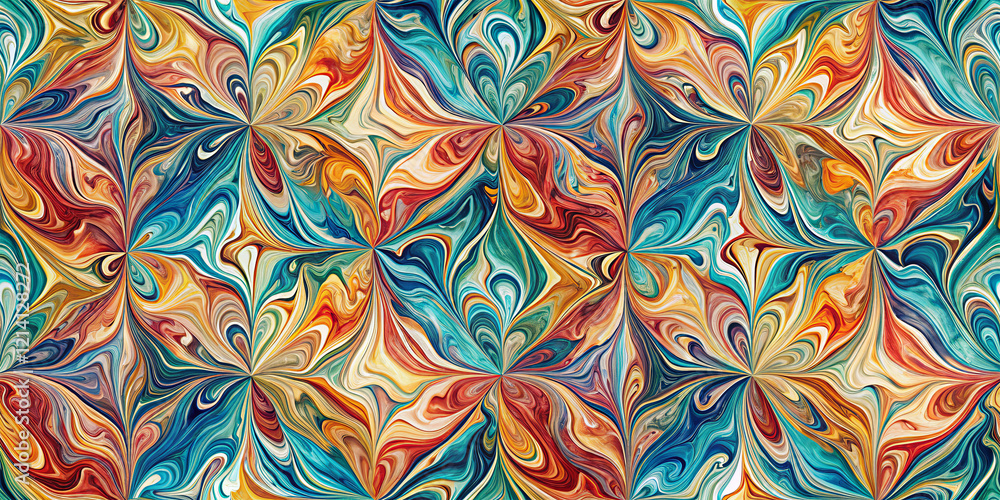 Poster vibrant abstract pattern showcases swirling designs filled with rich colors including blue, orange, 