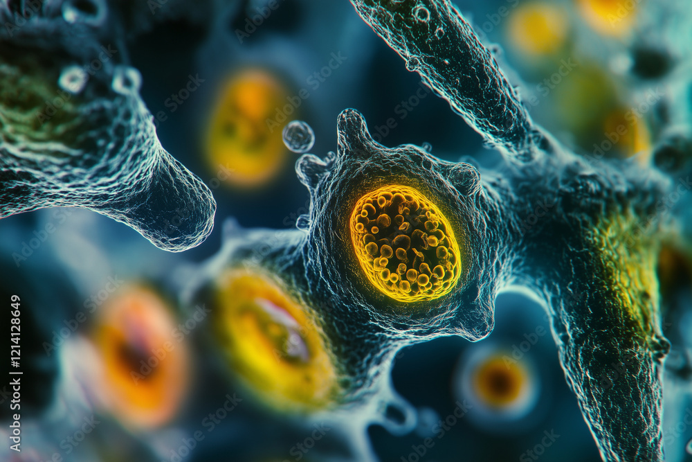 Poster close up of a cell with a yellow spot in the middle. the cell is surrounded by other cells, some of 