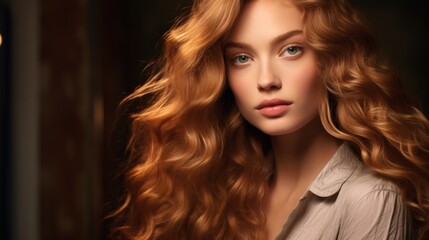Fototapeta premium Young woman with curly red hair poses gracefully in soft lighting, highlighting her natural beauty and serene expression