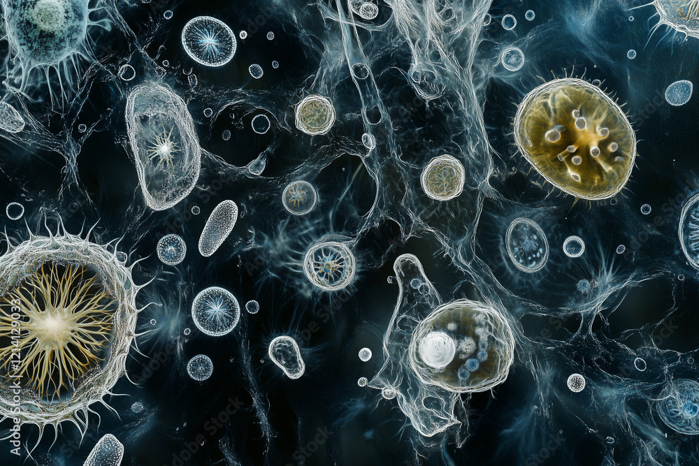 Poster close up of many different types of microscopic organisms. the image is a representation of the vast