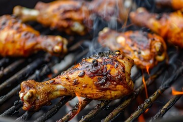 Chicken legs cooking on a barbecue grill with flames licking the crispy skin
