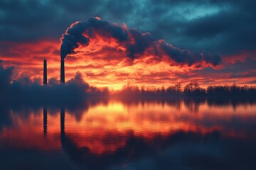Fototapeta premium Bright sunset over industrial smokestacks reflecting on calm water surface