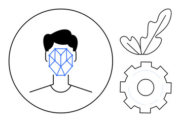 Head with geometric face pattern, leaf, and cogwheel. Ideal for tech, AI, identity, biometrics, innovation ecology mechanics. Abstract line flat metaphor