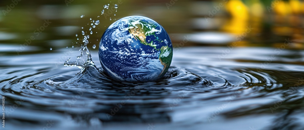Aufkleber globe falling into water creating splash and ripples with blurred green and yellow background