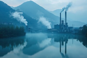 Fototapeta premium Industrial landscape with smokestacks reflected in a calm river at dawn in mountainous region
