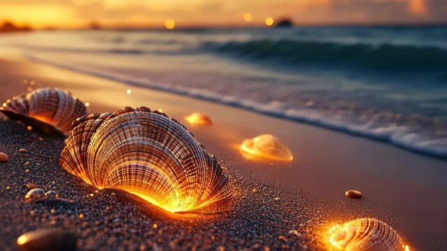 A close-up of glowing seashells on a beach at sunset, creating a magical atmosphere.