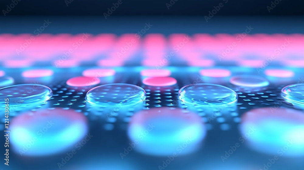 Poster abstract close-up of metallic surface with glowing droplets and led light patterns in vibrant colors