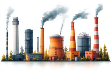 Obraz premium Pollution icons representing industrial structures emitting smoke in a city landscape