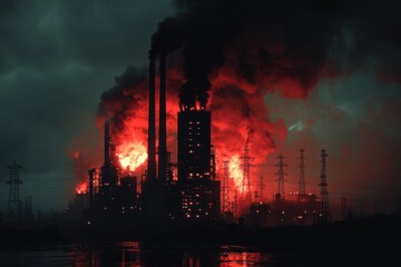 Obraz premium Industrial complex engulfed in flames during nighttime under heavy smoke clouds