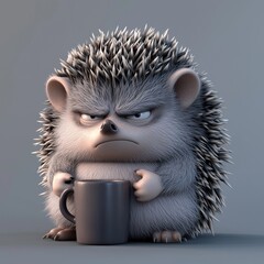 A grumpy 3D cartoon hedgehog with a coffee mug.