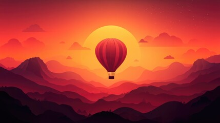 Fototapeta premium Illustration wallpaper of an hot air balloon floating in the sky over hills and mountains , banner background in paper art style with copy space