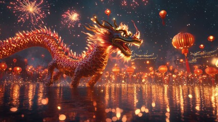 Obraz premium A majestic red and gold dragon amidst fireworks and lanterns illuminates the night sky