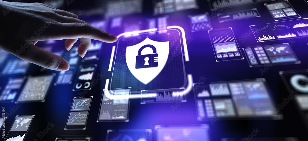 Poster cyber security protecting systems and data from threats, projection on a virtual screen, business an