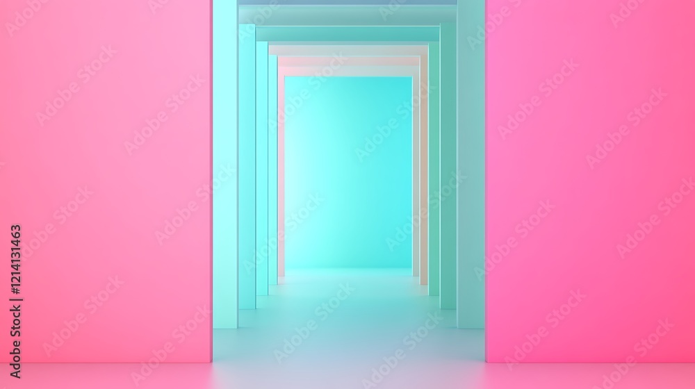 Poster abstract corridor with vibrant pink and cyan walls and soft lighting creating modern geometric shape