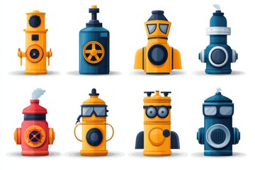 Fototapeta premium Pollution icons showcasing various types of waste management and environmental concerns in urban settings