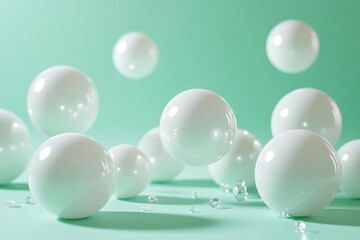 Fototapeta premium White balls on a green background with water drops. 3D rendering