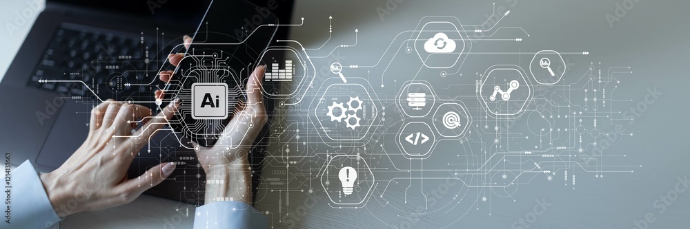 Poster ai and data analytics for innovation and efficiency on a wide banner, business and technology concep